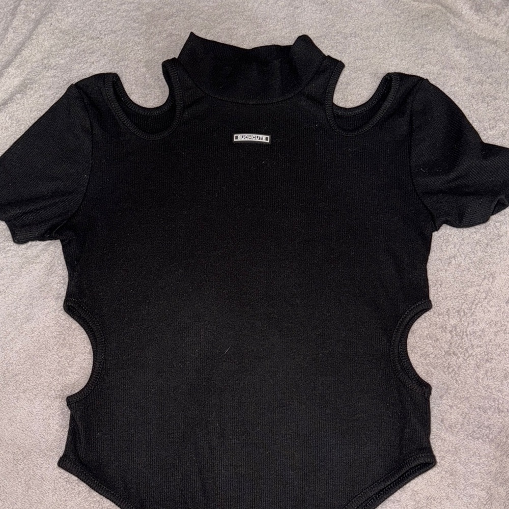 Black Short Sleeve Cut Out Bodysuit with Mandarin Collar